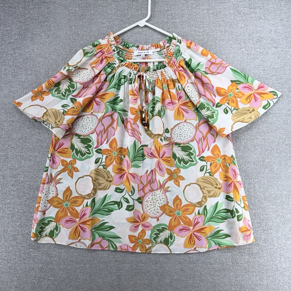 Rose + Olive Blouse Top Women Size 1X White Fruit Floral Print Casual